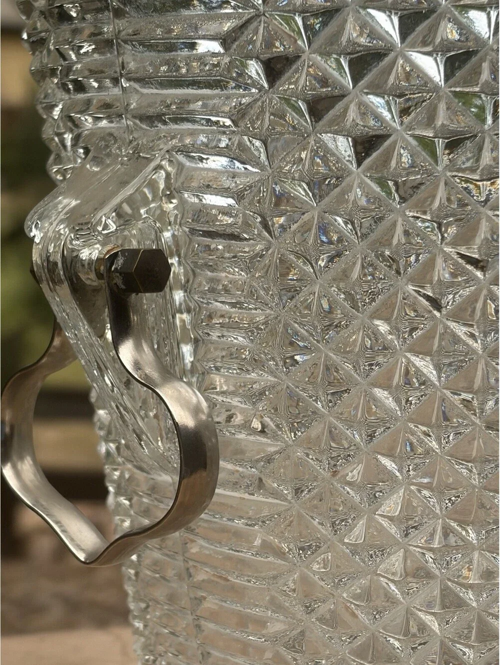 Vintage Diamond Cut Glass Bar Ice Bucket with Silver Plated Rim and Handles